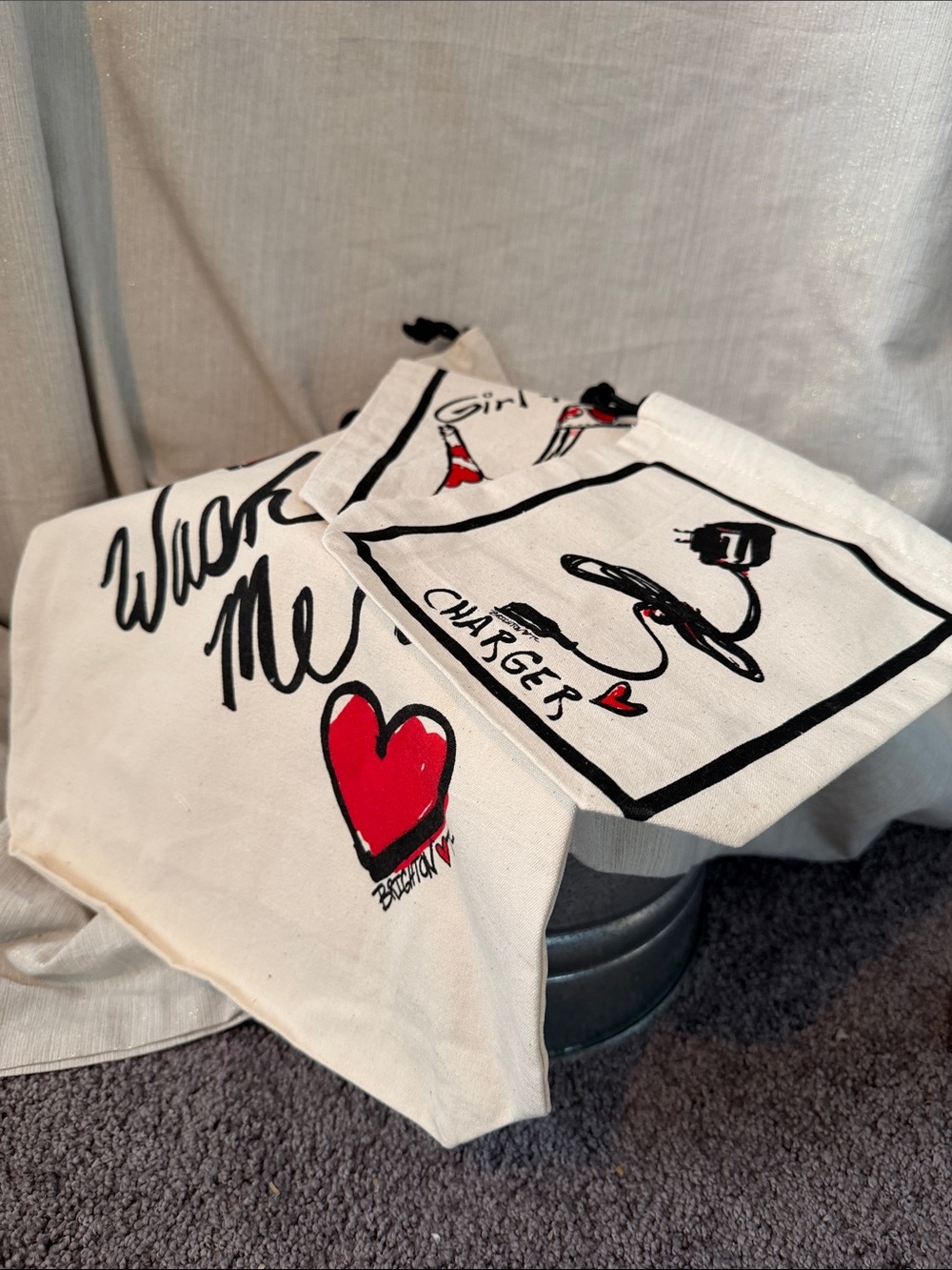 Set of 3 Brighton Canvas Travel Bags with Red Heart Graphic - New